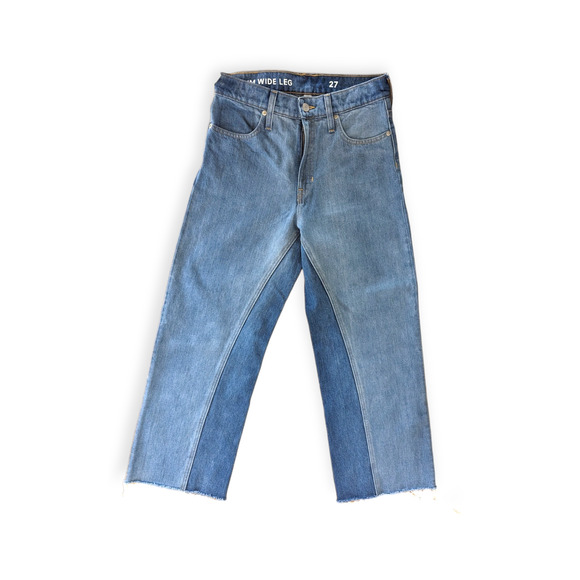 J. Crew slim wide leg high rise two tone patchwork jeans with raw hem - Picture 2 of 4